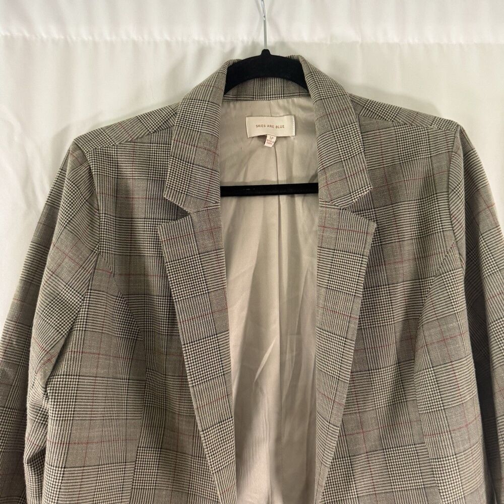 Skies Are Blue Blazer Women's Large Petite Brown Plaid Open Front Long Sleeve - Picture 2 of 12